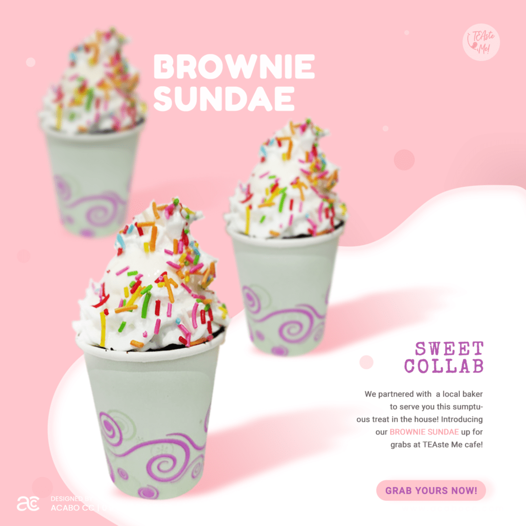marketing poster for teaste me cafe - a cup of ice cream with sprinkles.