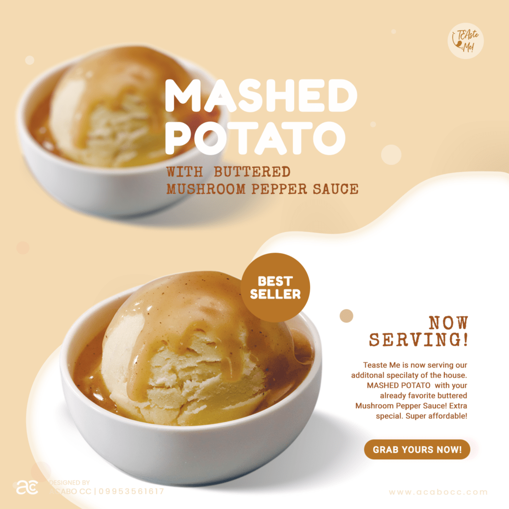 marketing poster for teaste me cafe - a bowl of smashed potato.